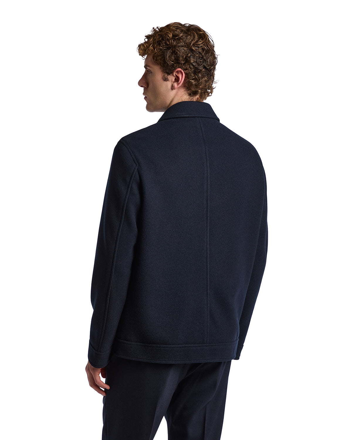 Men's navy wool blend jacket, classic style with a sleek silhouette and sharp collar, perfect for casual or formal wear.