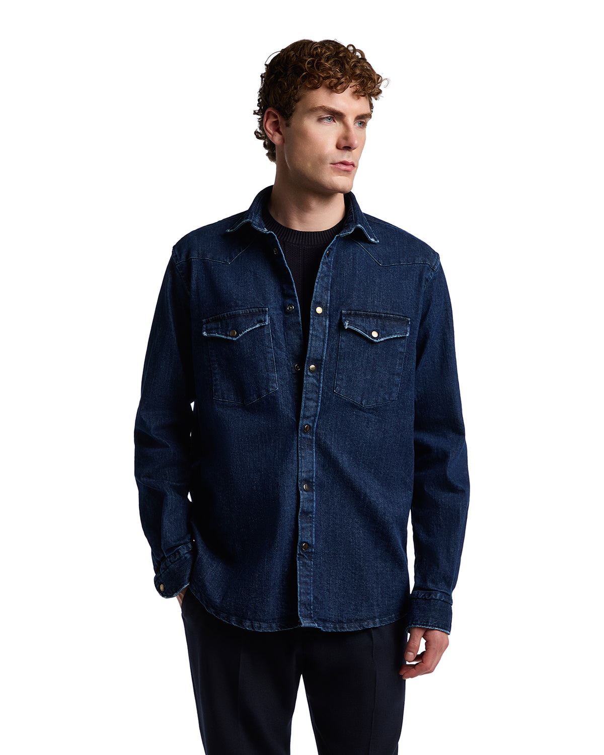Men's dark blue denim shirt with two chest pockets and button-up style. Perfect for casual and smart-casual wear.