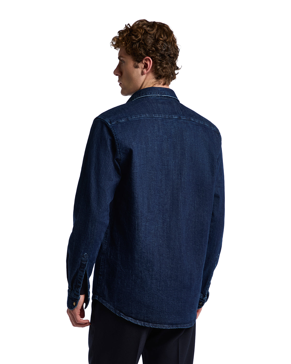 Men's dark blue denim shirt with a classic fit and button-up front, perfect for casual wear.