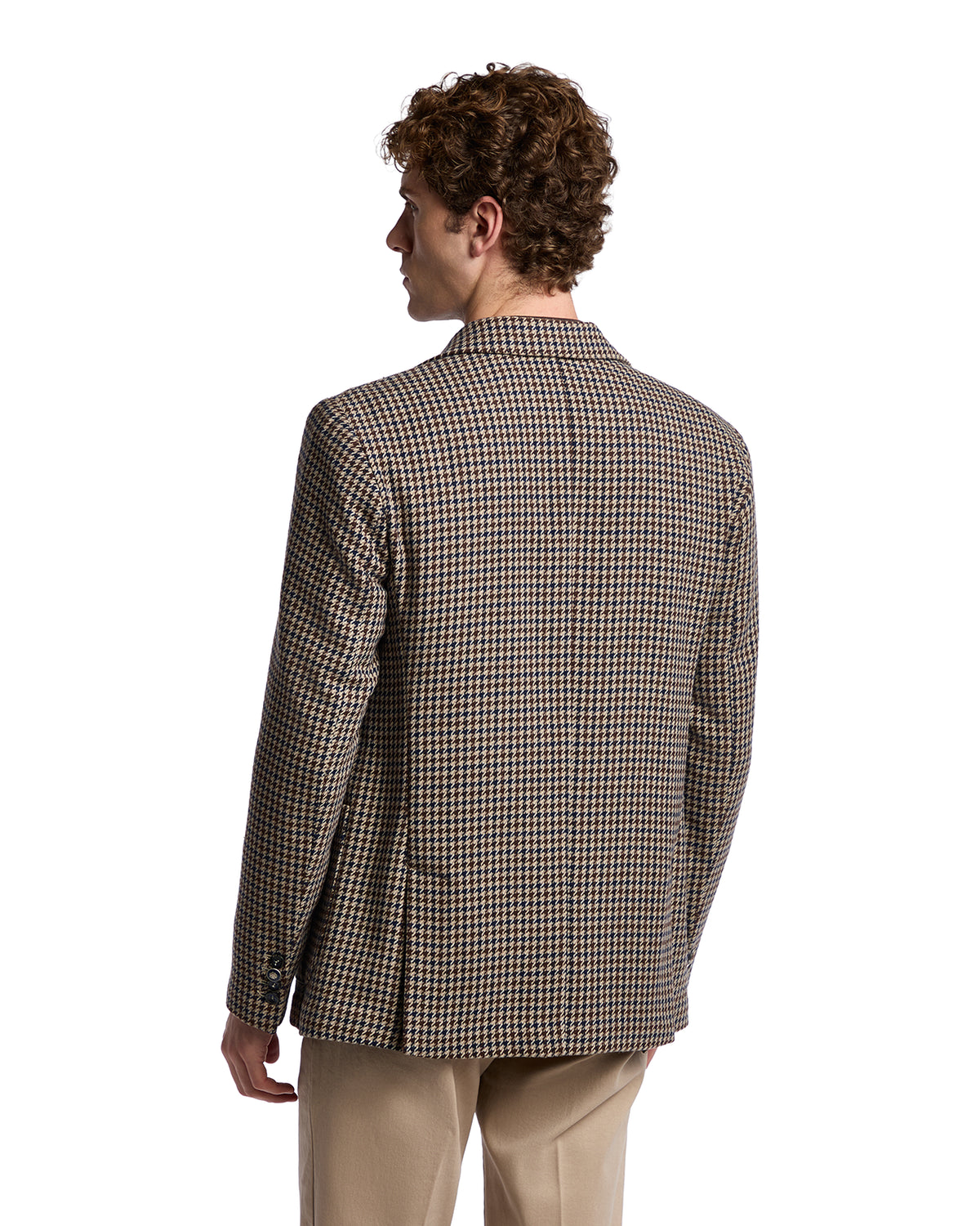 Men's brown houndstooth blazer, tailored fit, wool blend, perfect for smart-casual or formal occasions.