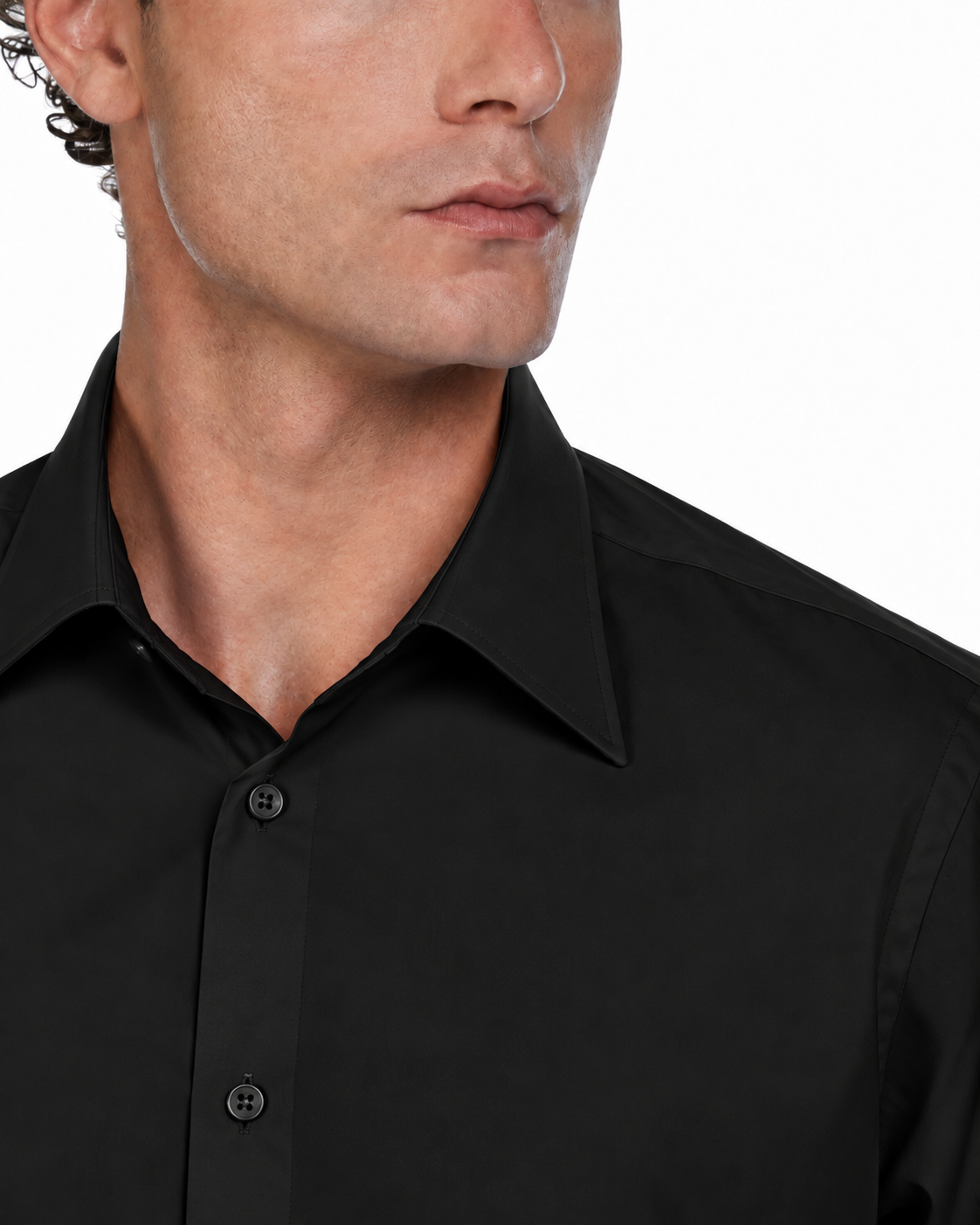 Men's black dress shirt in sleek cotton with a modern fit and classic collar. Ideal for formal occasions.