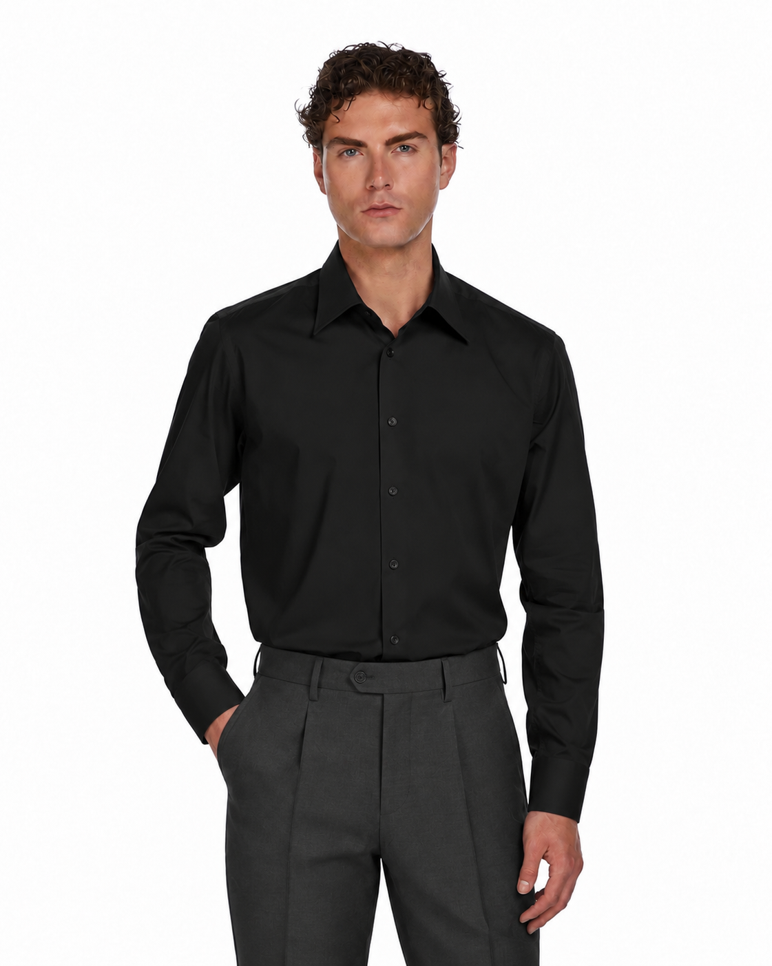 Black long sleeve dress shirt in a sleek, slim-fit design, made from soft cotton blend, perfect for formal occasions.