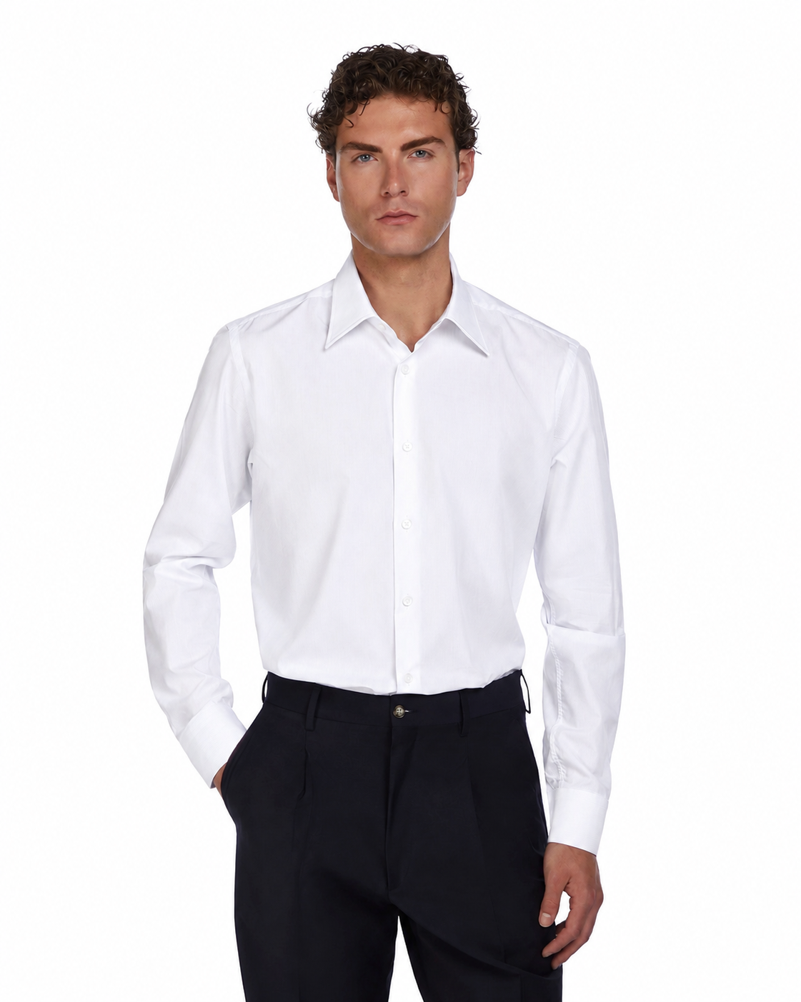 Men's fitted white dress shirt in breathable cotton with long sleeves and a classic collar, perfect for formal occasions.