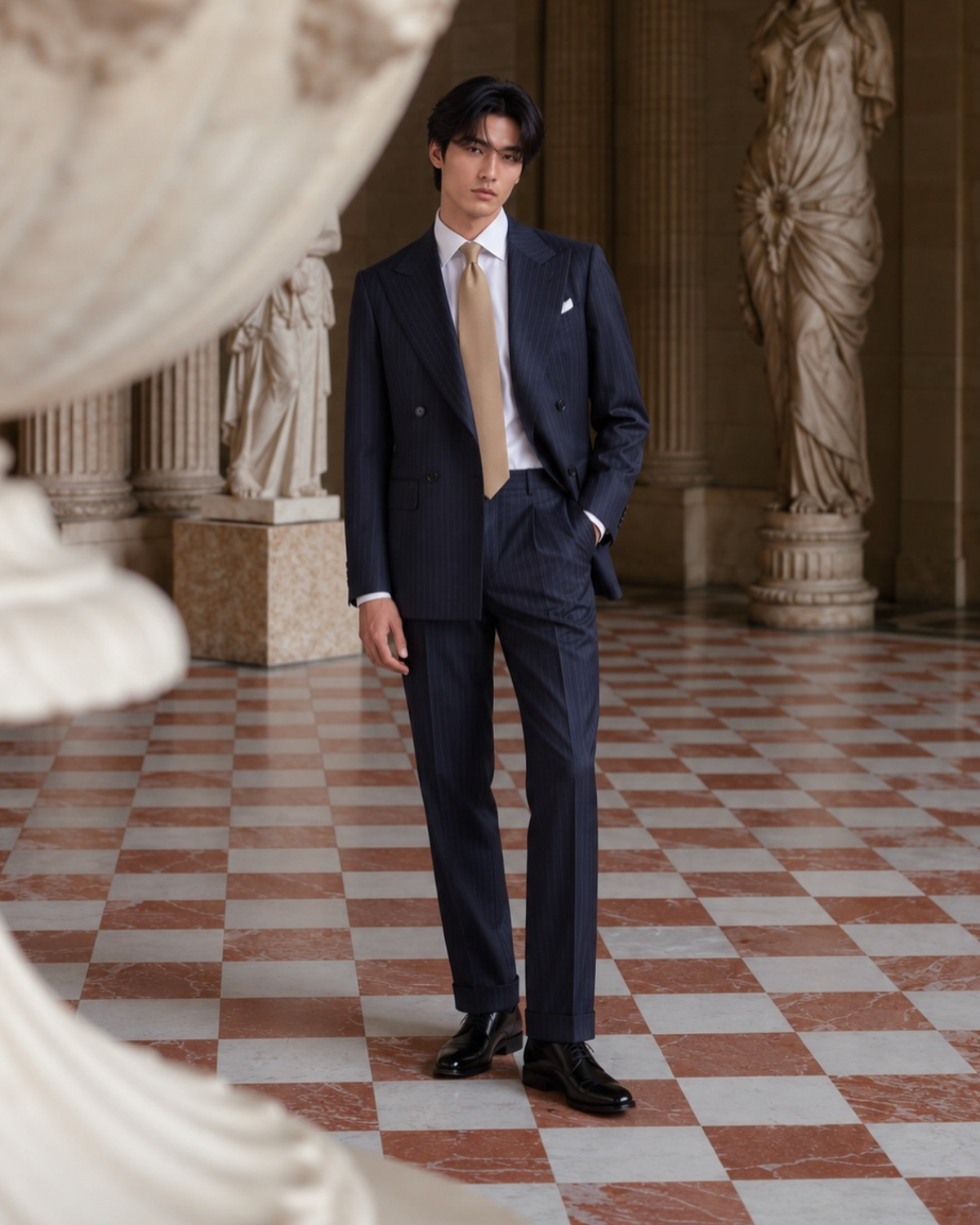 Navy pinstripe double-breasted suit for men with slim fit, styled with a cream tie and black leather shoes.