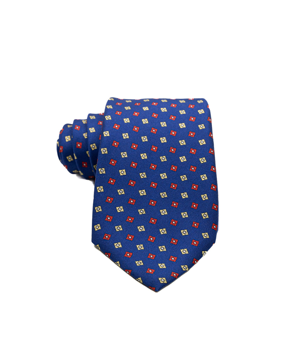 Corbata de seda de siete pliegues azul marino con estampado floral