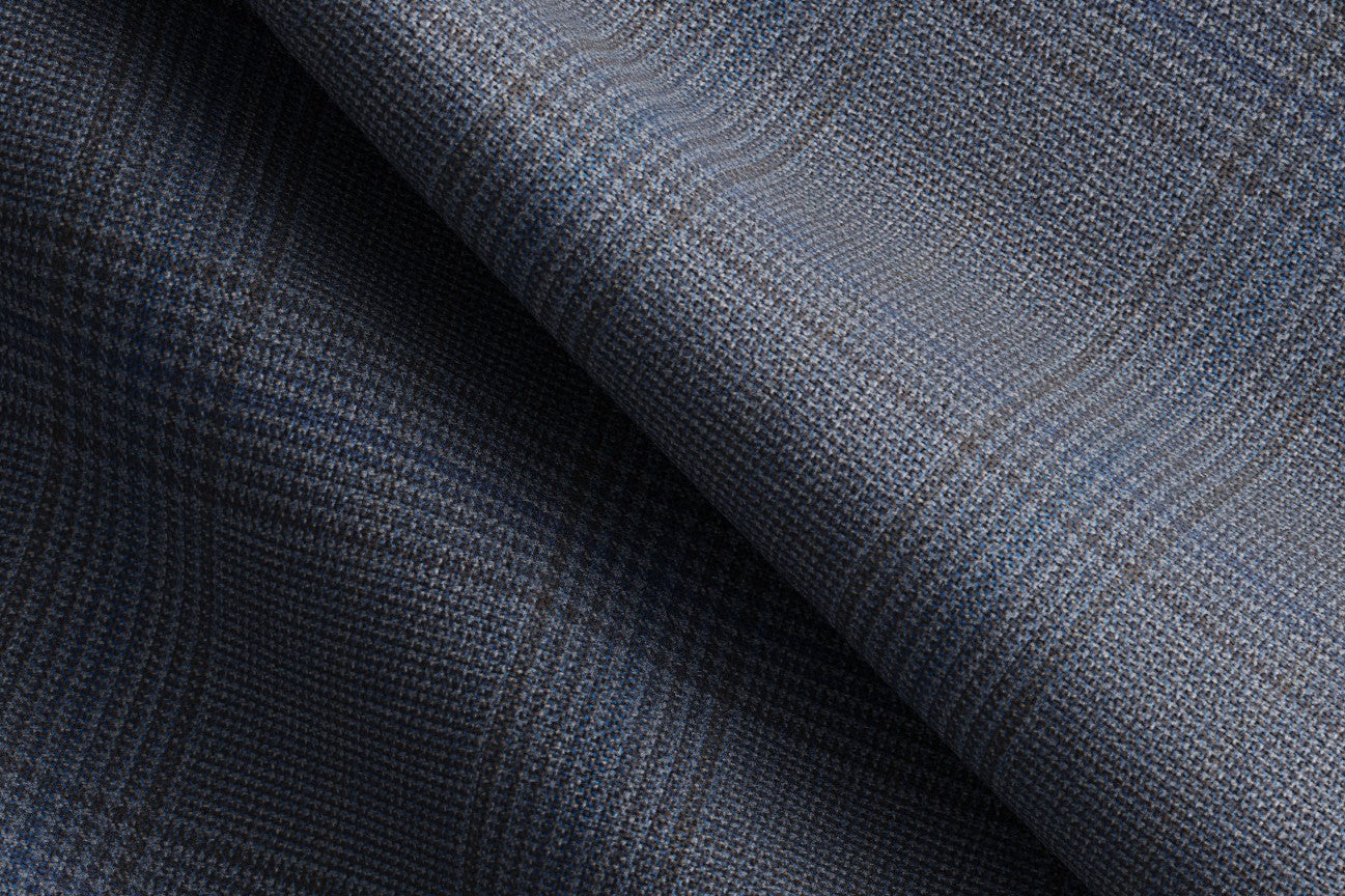 Light blue Prince of Wales wool tailored trousers with band 130s Caccioppoli