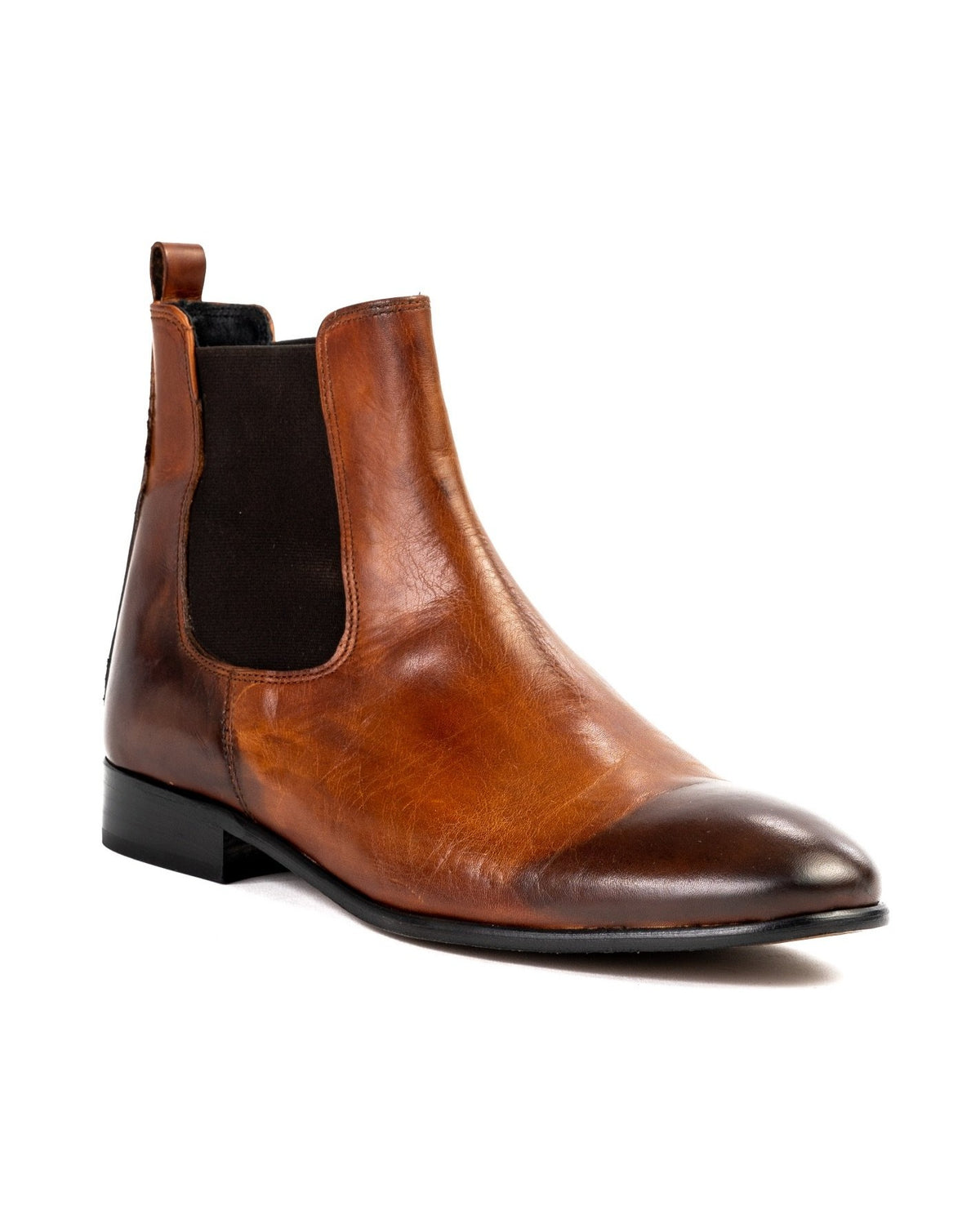 Brown leather Chelsea boots with elastic side panels, featuring a sleek, polished toe and classic design.