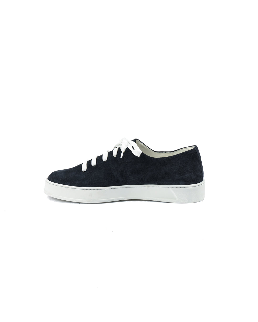 Navy suede casual sneakers with white laces and a white rubber sole for a stylish, contemporary look.