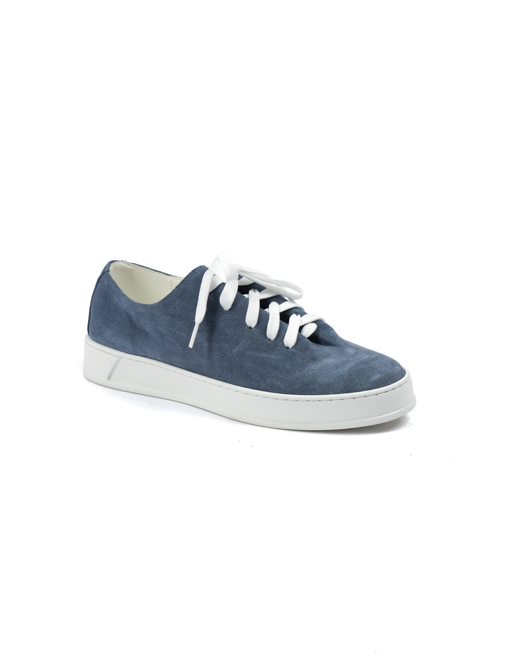 Blue suede sneakers with white laces and a sleek, minimalist design. Perfect for casual outfits and everyday wear.