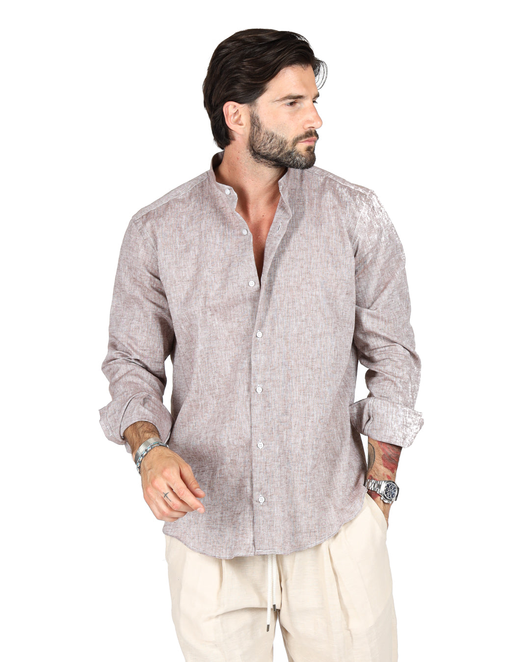 Light brown linen shirt with a modern collar, long sleeves, and a relaxed fit for casual or semi-formal wear.