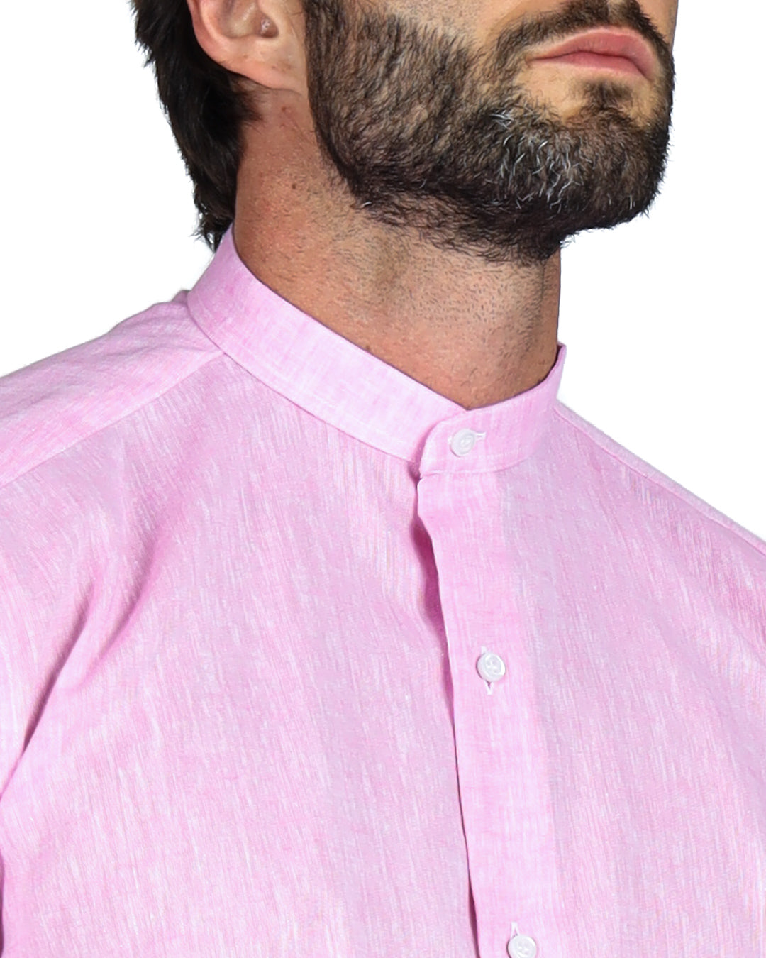 Light pink linen shirt with a mandarin collar, ideal for casual or formal occasions. Sustainable fashion choice.