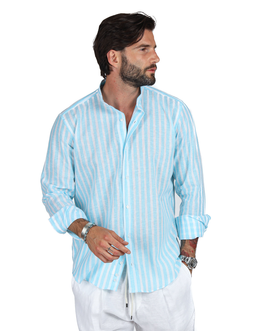 Light blue and white striped linen shirt for men, featuring a casual style and button-down collar. Perfect for summer.
