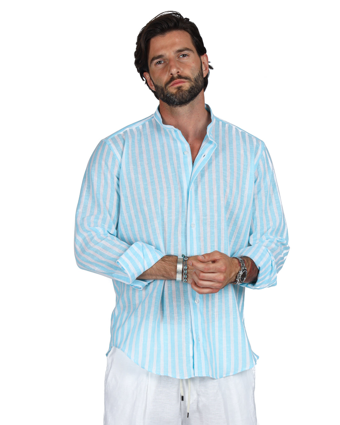 Light blue and white striped linen shirt for men, featuring a classic collar and button-up style.