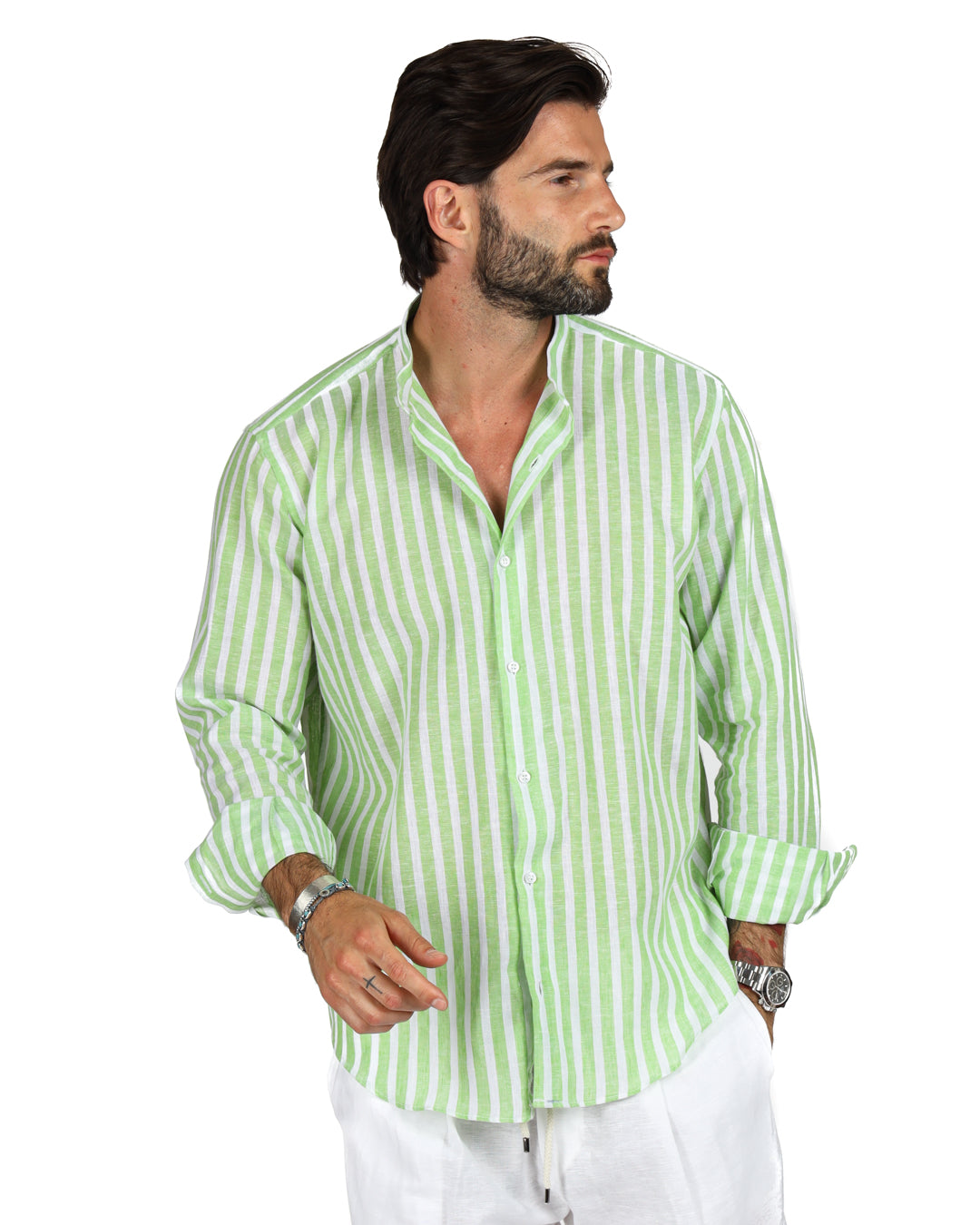 Men's green and white striped linen shirt, casual style, perfect for summer outings and beach wear.