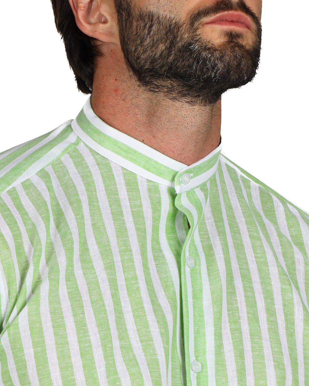 Green and white striped mandarin collar shirt in lightweight cotton, perfect for casual or semi-formal wear.