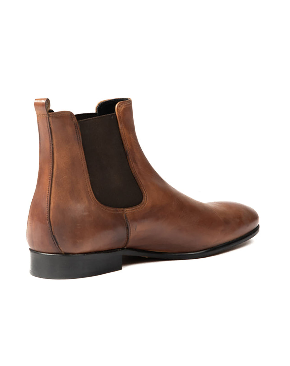 Brown leather Chelsea boots with elastic side panels and a sleek, polished finish for a stylish look.
