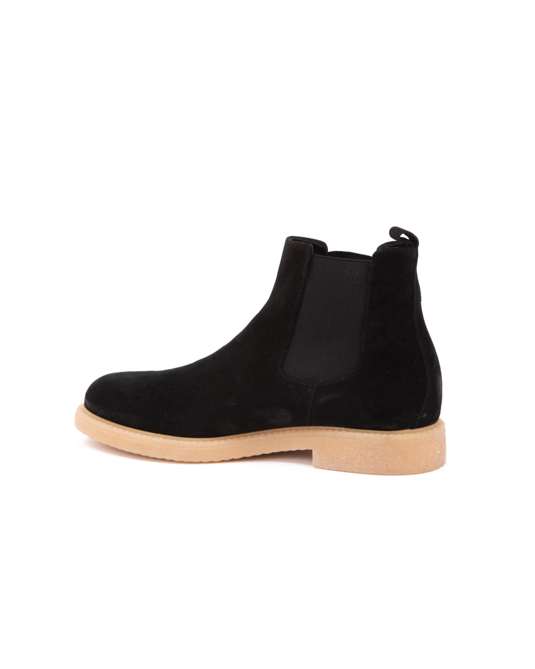 Black suede Chelsea boots with a natural rubber sole, featuring elastic side panels and a pull tab for easy wear.