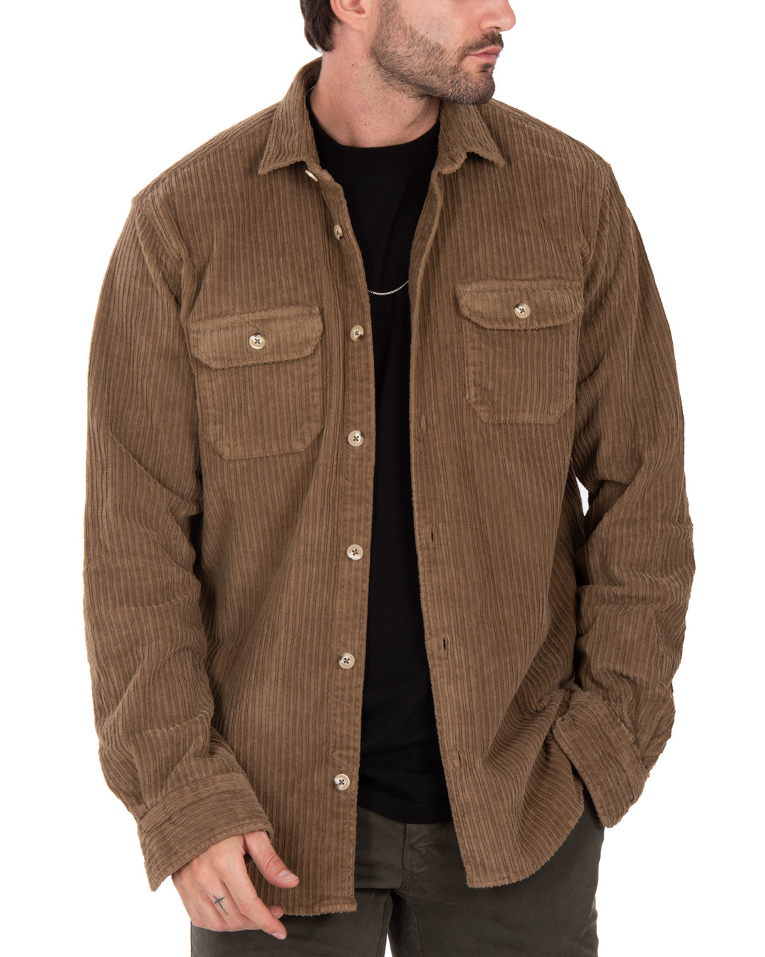 Brown corduroy shirt jacket with two front pockets, casual style, perfect for layering in cooler weather.