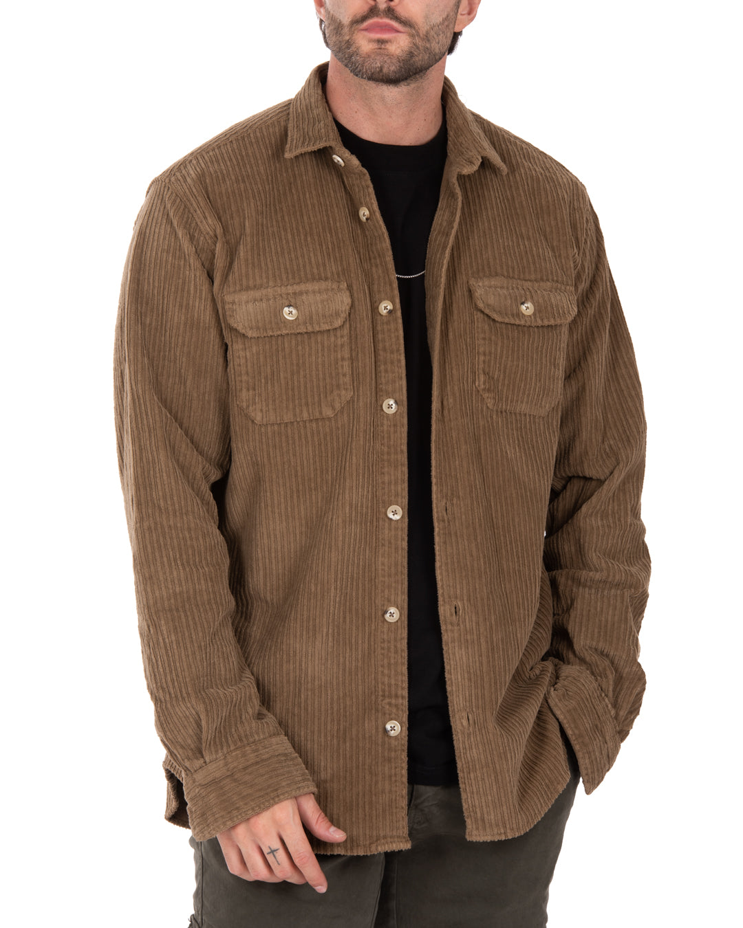 Brown corduroy shirt with button-up front, two chest pockets, and relaxed fit, perfect for casual layering.