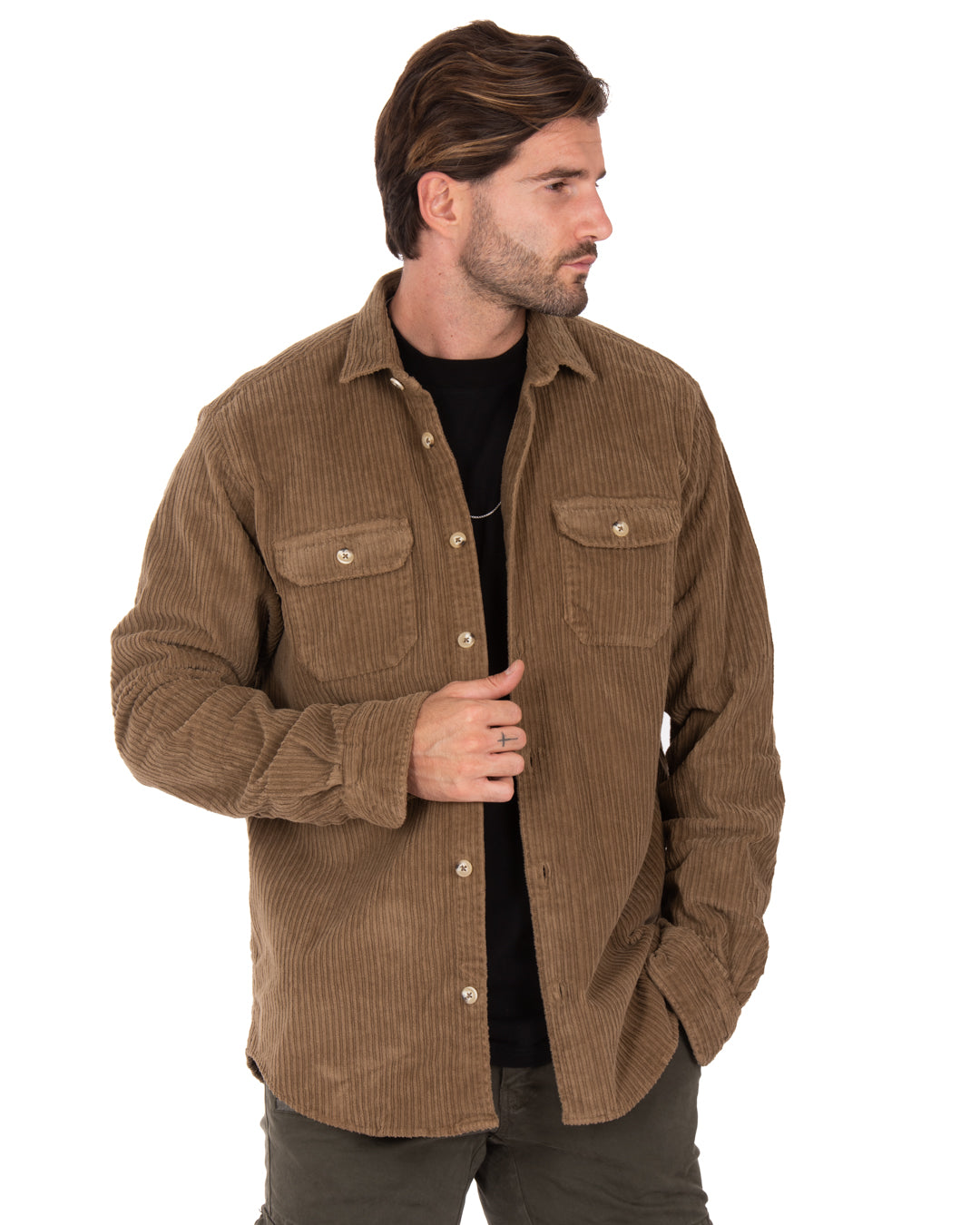 Brown corduroy shirt with a casual fit, featuring two front pockets and a stylish button-up design.