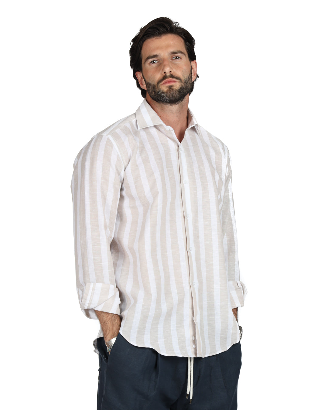 Men's light beige striped linen shirt with long sleeves and button-up front for a stylish, relaxed look.