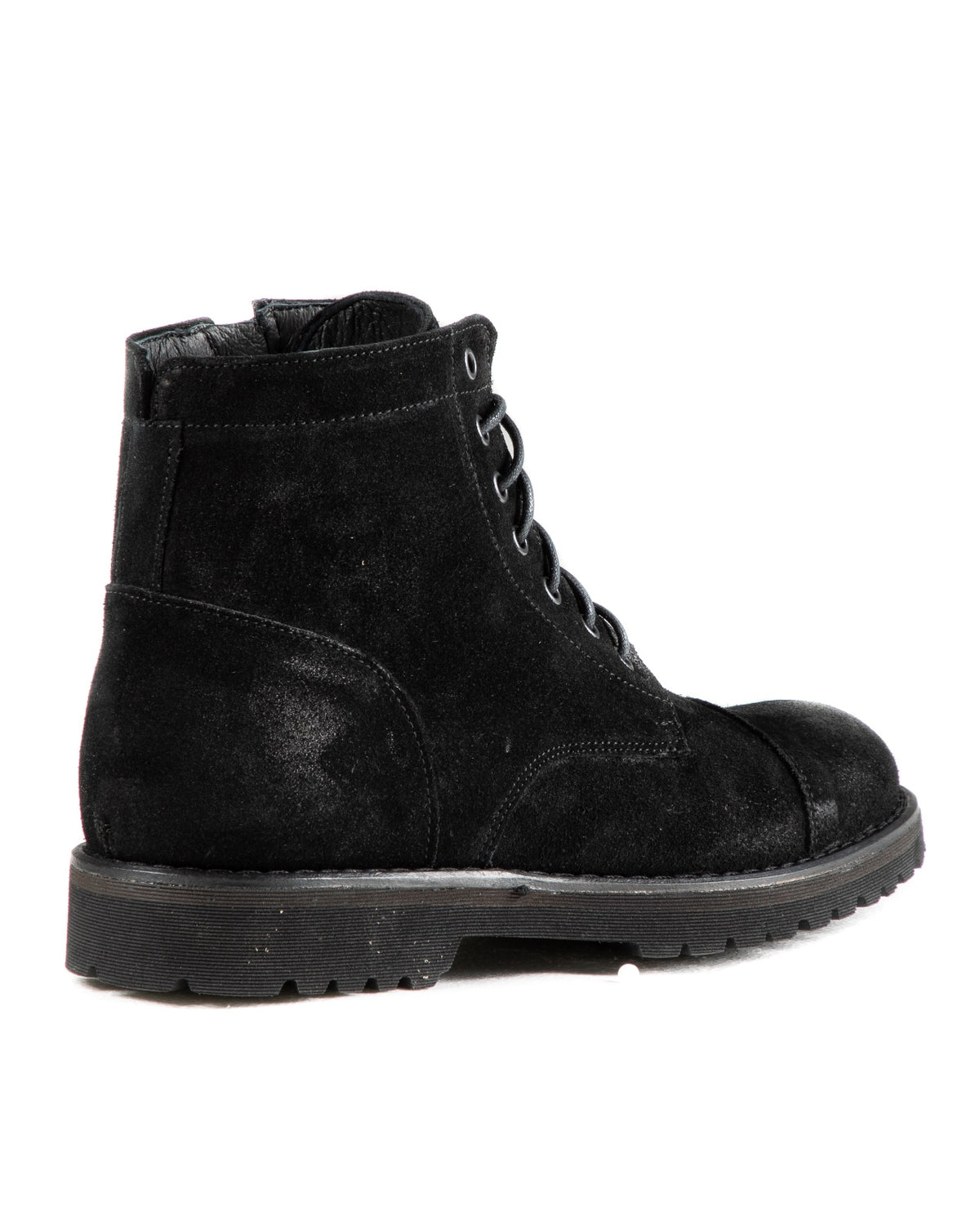 Black suede ankle boots with lace-up front and rugged sole, featuring durable construction for casual or outdoor wear.