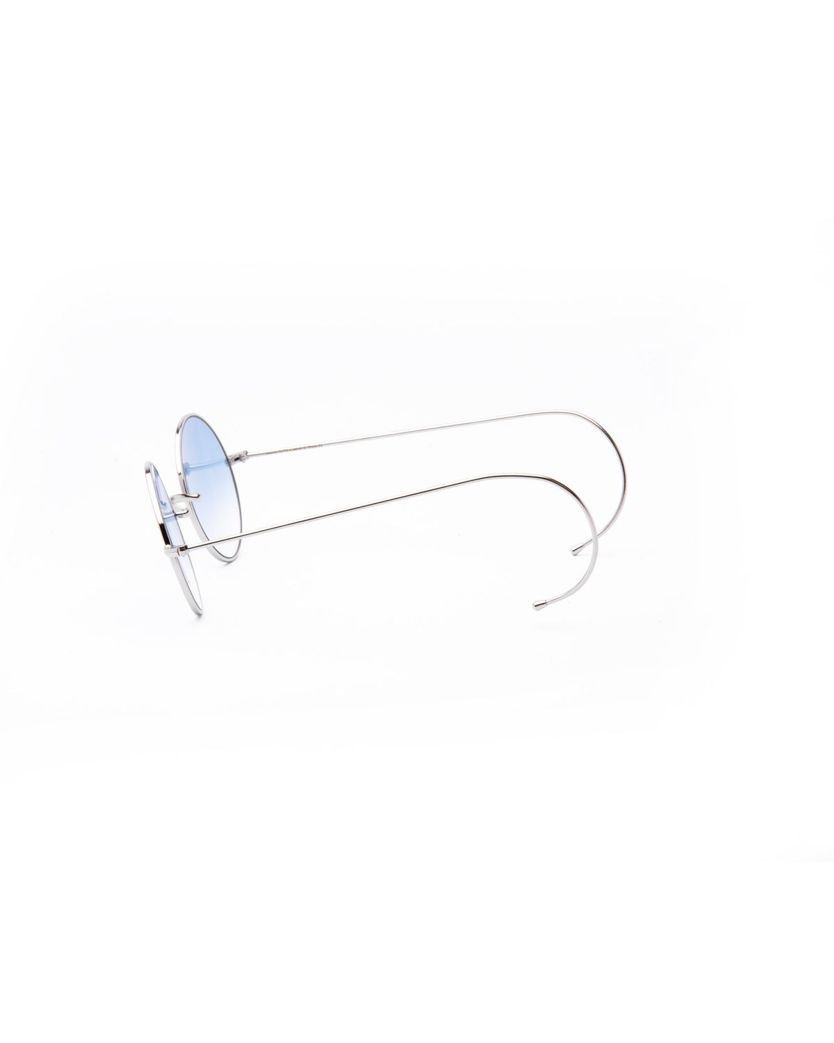 Silver round wire-frame sunglasses with light blue gradient lenses on white background.