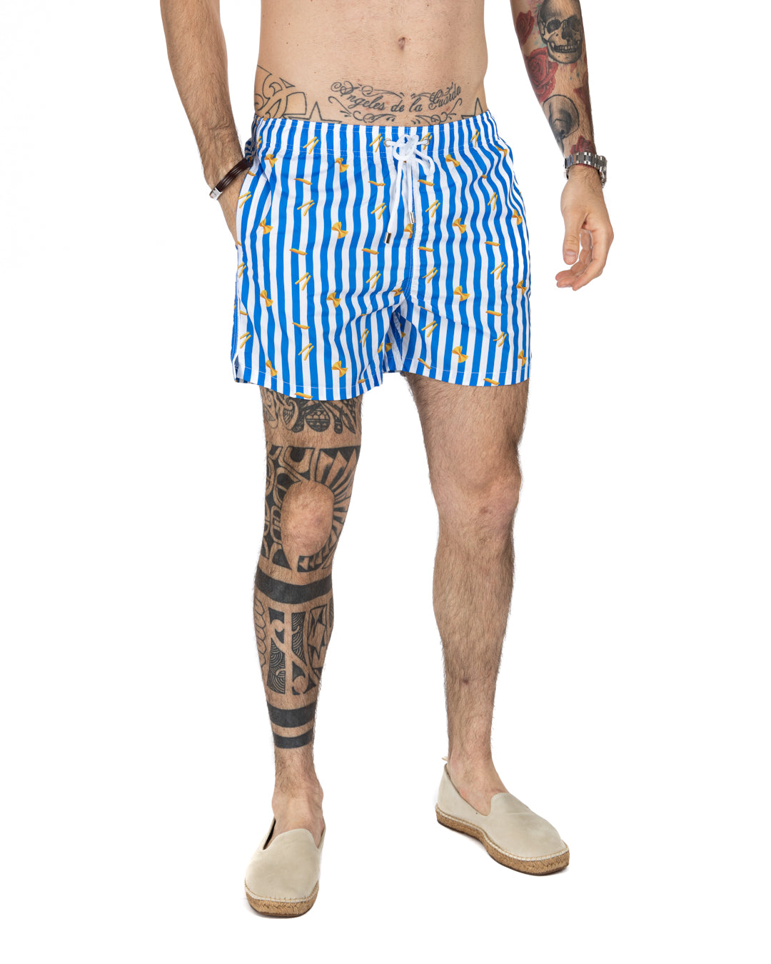 Swimsuit - Pasta pattern with light blue stripes