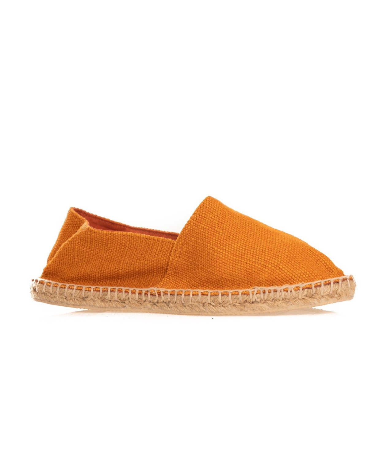 Orange canvas slip-on espadrille with braided jute sole, shown in profile