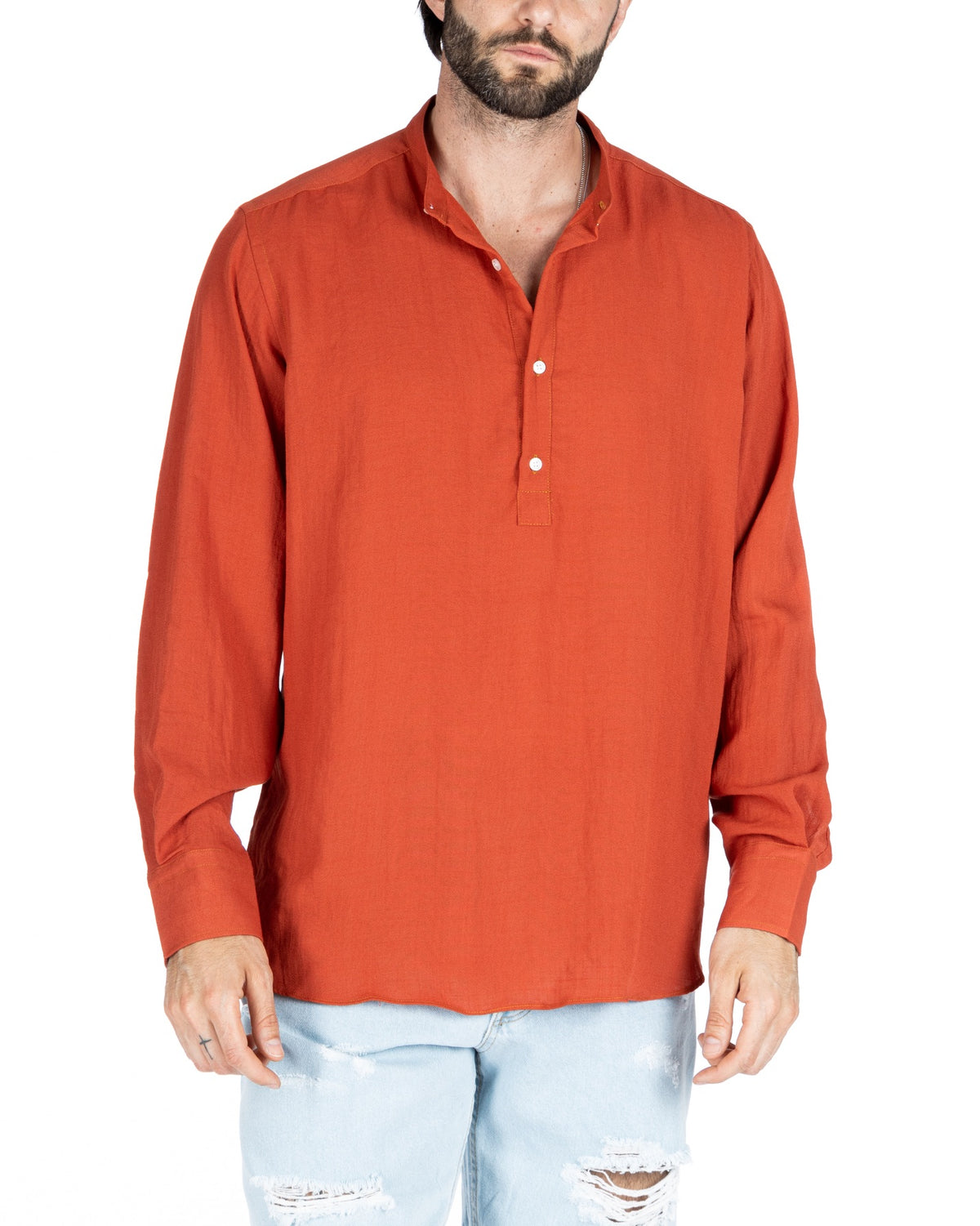 Men's rust orange linen grandad-collar shirt with half-button placket, shown on a model