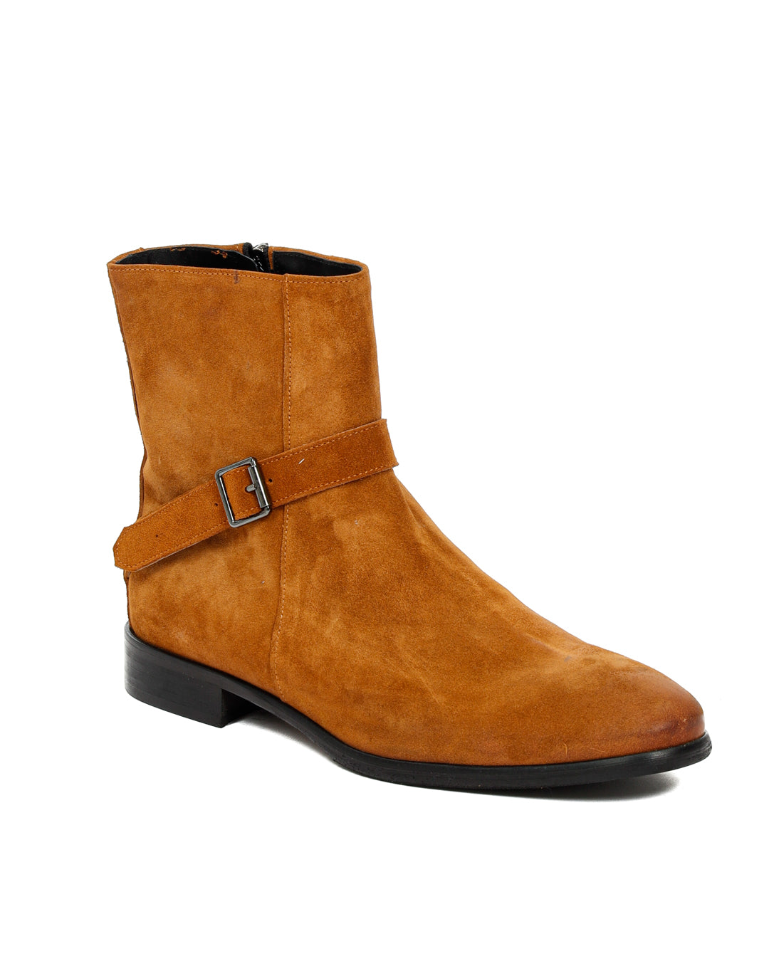 Tan suede ankle boot with buckle strap and black low heel, shown at an angle