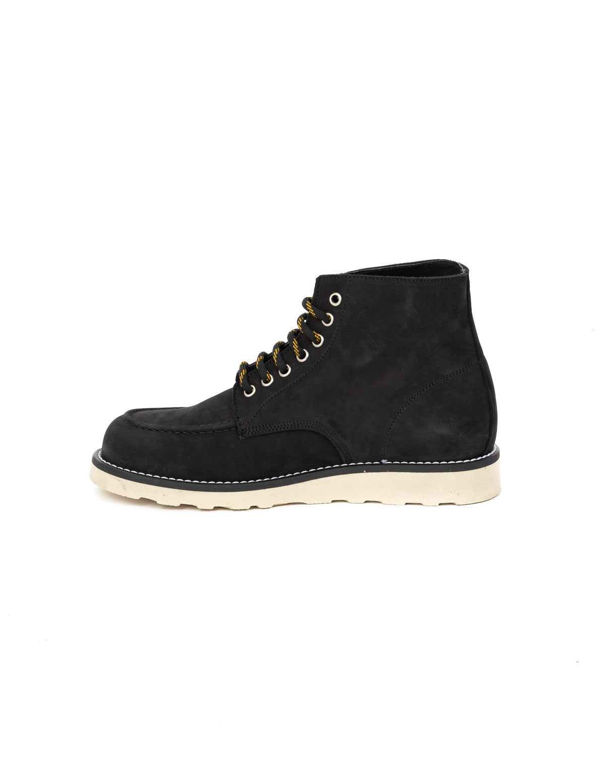 Black nubuck leather ankle boot with yellow laces, cream rubber sole, and moc toe design.