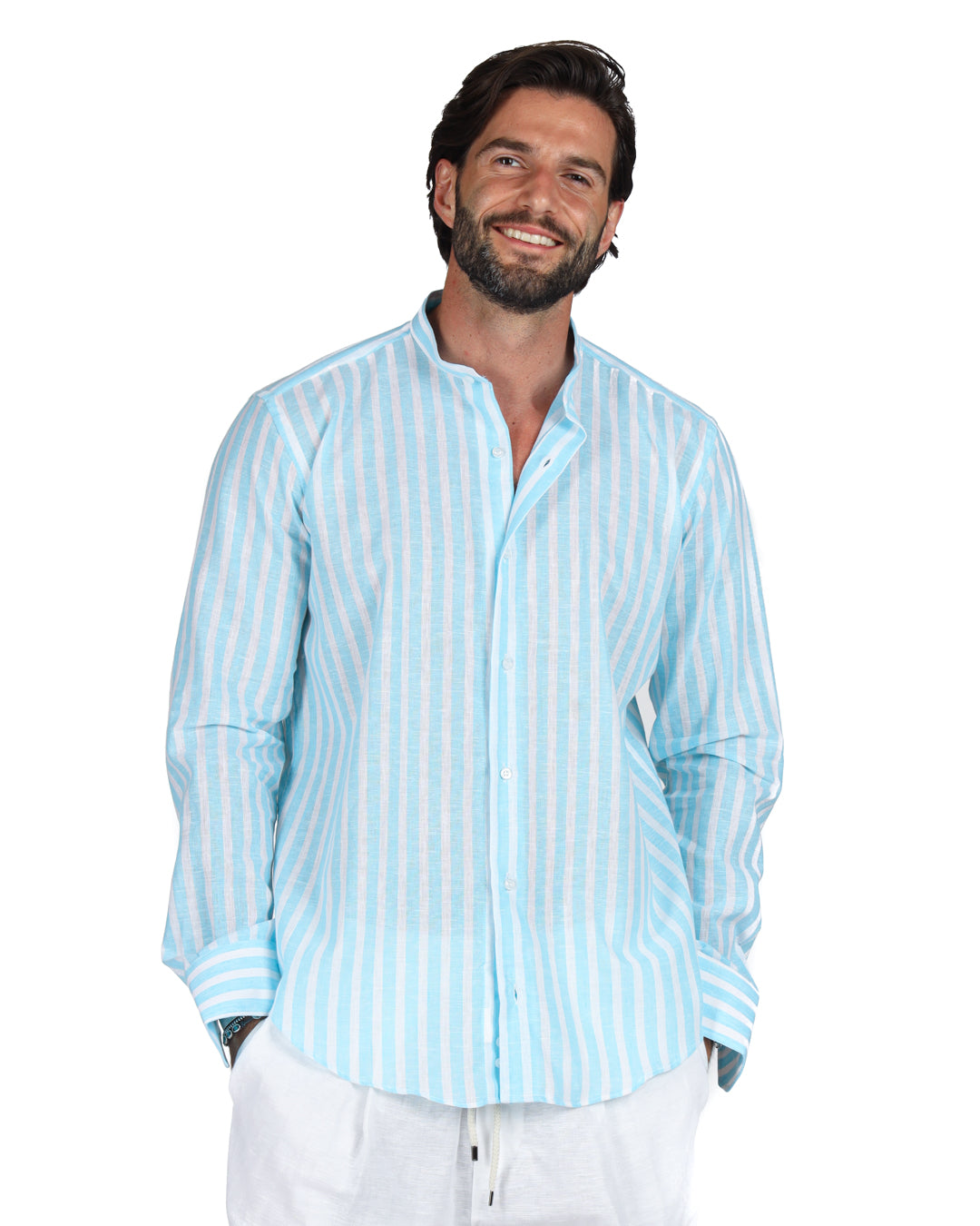 Procida - Korean shirt with turquoise wide stripes in linen