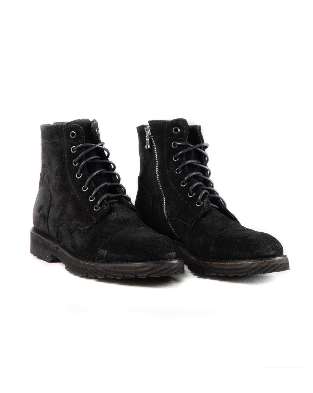 Black suede lace-up ankle boots with side zipper and rugged sole for stylish durability.